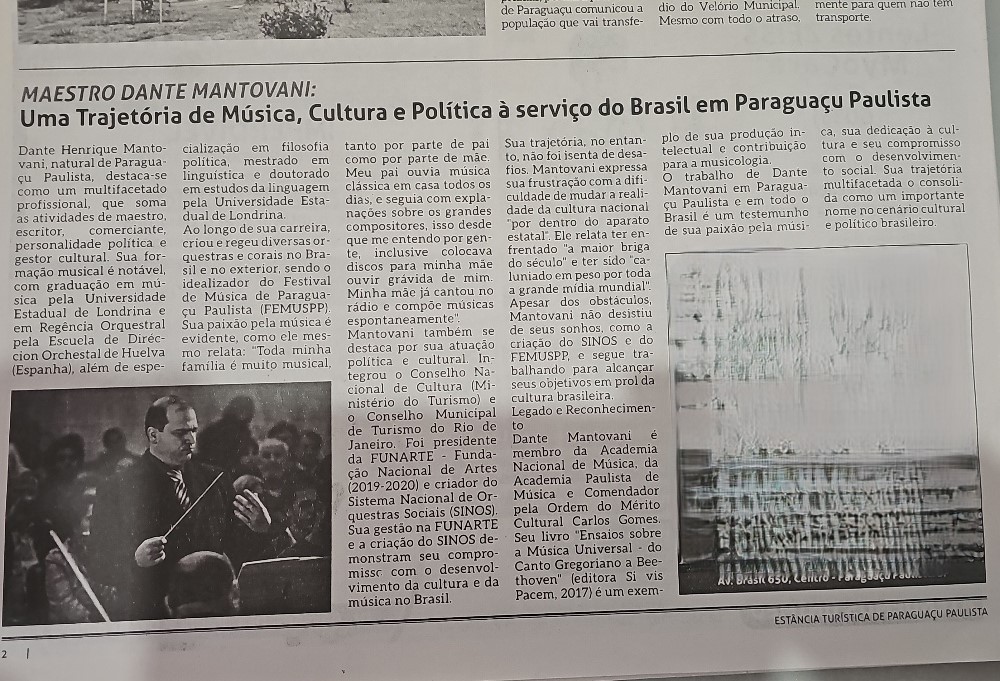 MAESTRO DANTE MANTOVANI: Uma Trajetória de Música, Cultura e Política à serviço do Brasil em Paraguaçu Paulista